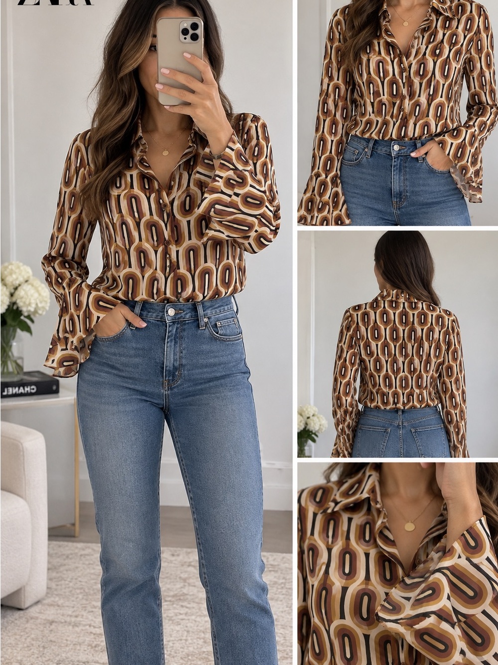 Zara Brown Geometric Print Button-Down Shirt